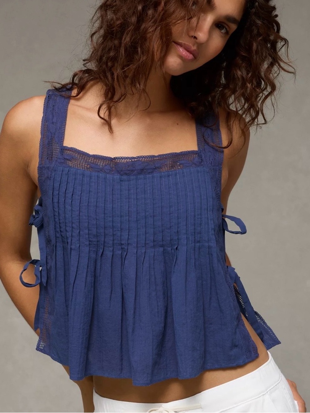 American Eagle Blue Lace-Trim Square Neck Side Tie Camisole